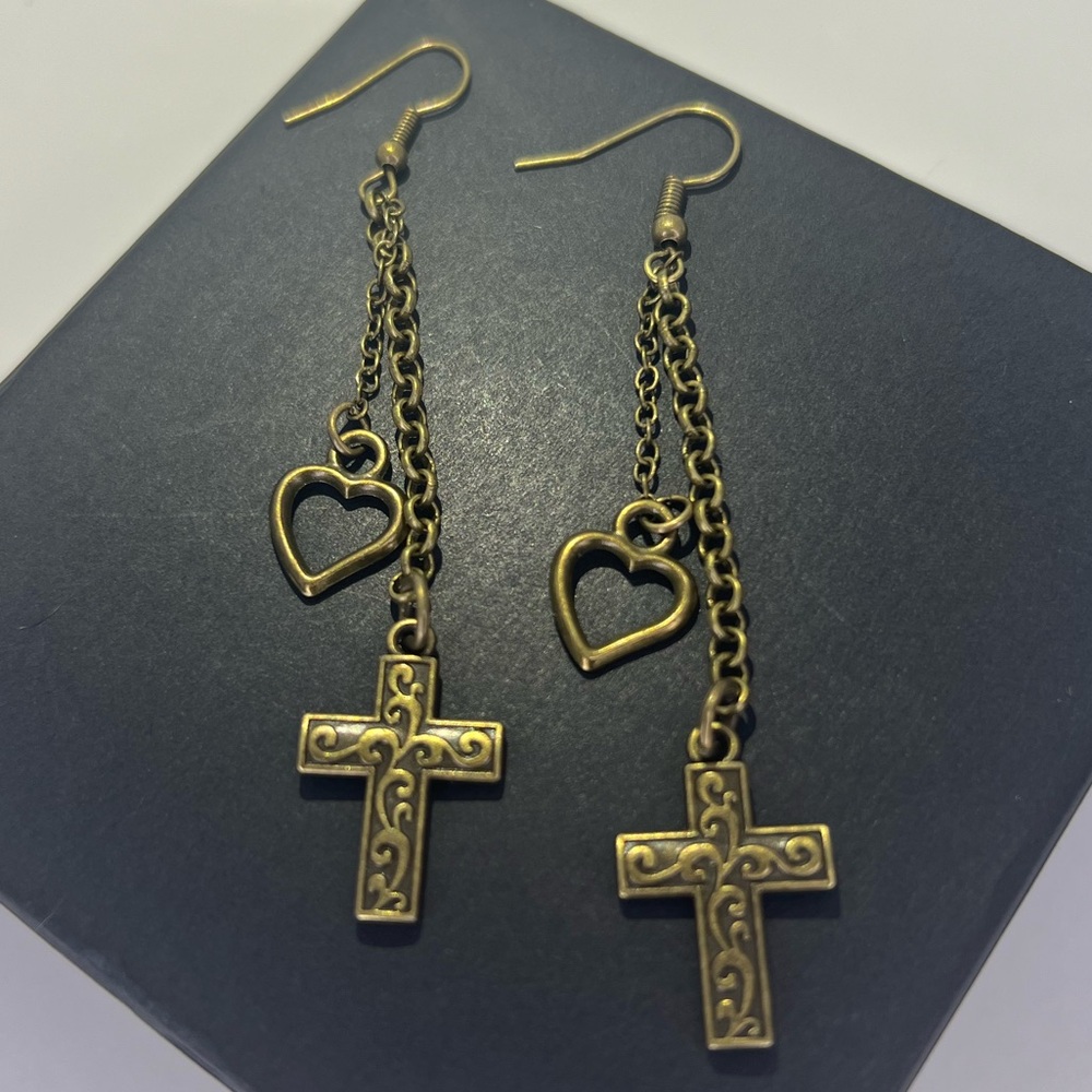 Antique Bronze Heart Cross Drop Earrings